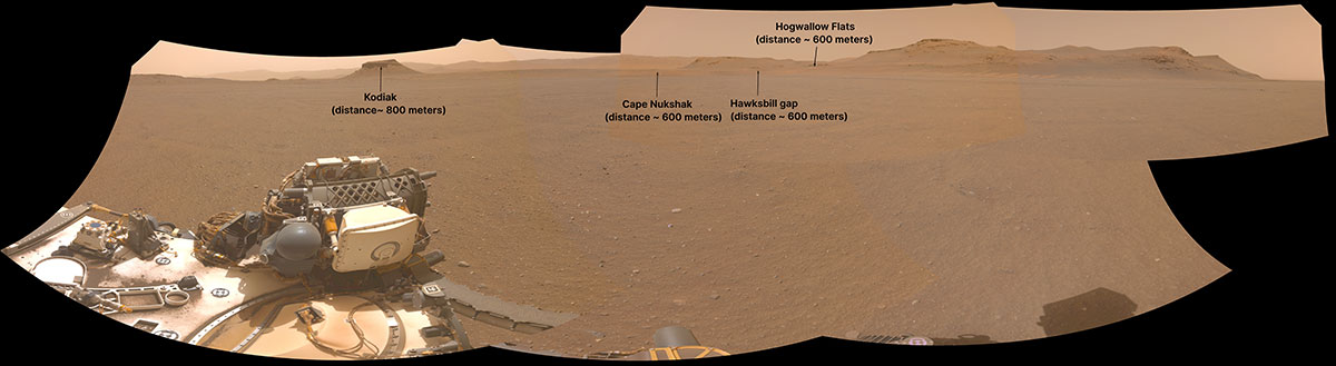 NASA’s Perseverance Mars rover used one of its navigation cameras to take this panorama of a proposed landing site for the Mars Sample Return lander. 