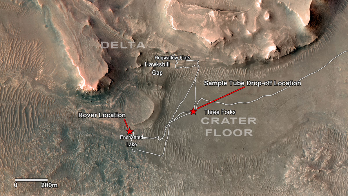 Figure A additionally shows a potential location where the rover could deposit a group of sample tubes for future return to Earth. 