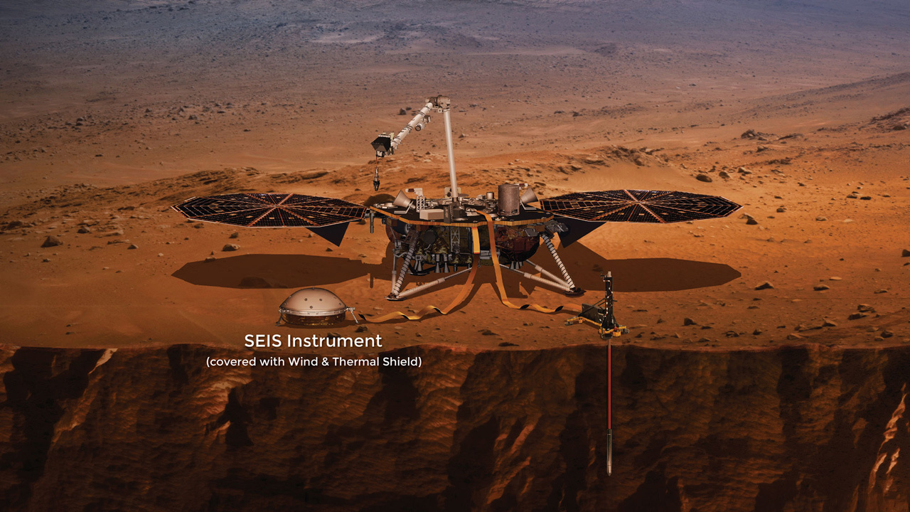 Artist's concept of InSight lander with the seismometer labeled