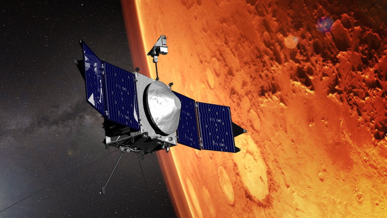 This illustration shows the MAVEN spacecraft and the limb of Mars. 