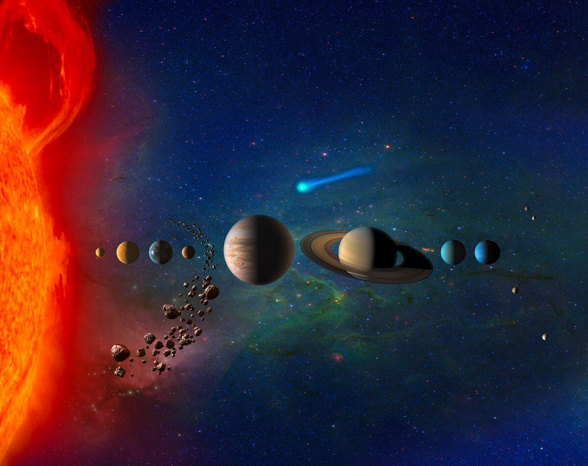 An illustration shows our solar system (not to scale).