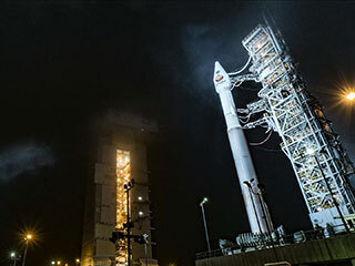 The rocket that launched NASA’s InSight lander to Mars in 2018 is seen at Vandenberg Air Force Base, now called Vandenberg Space Force Base.